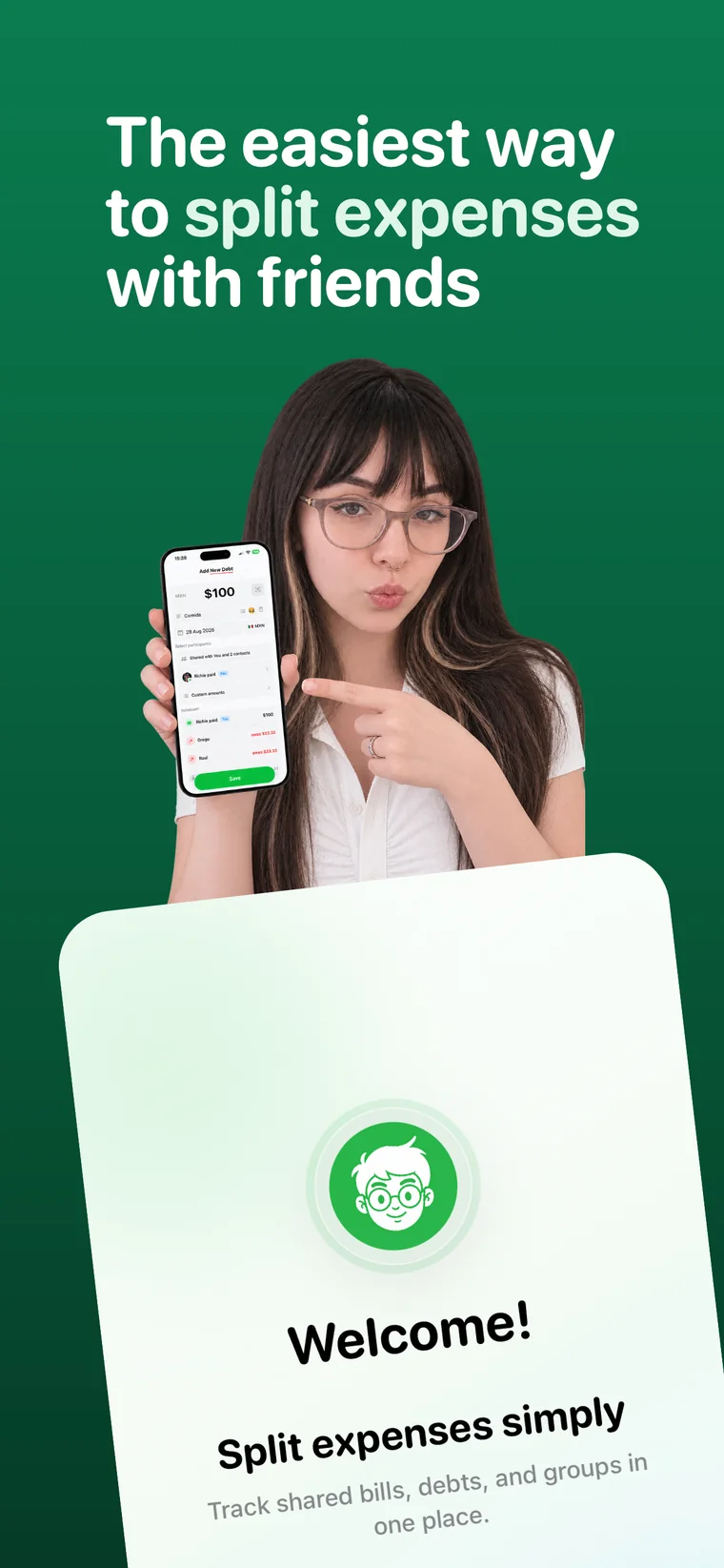 Monet welcome screen: the easiest way to split expenses with friends