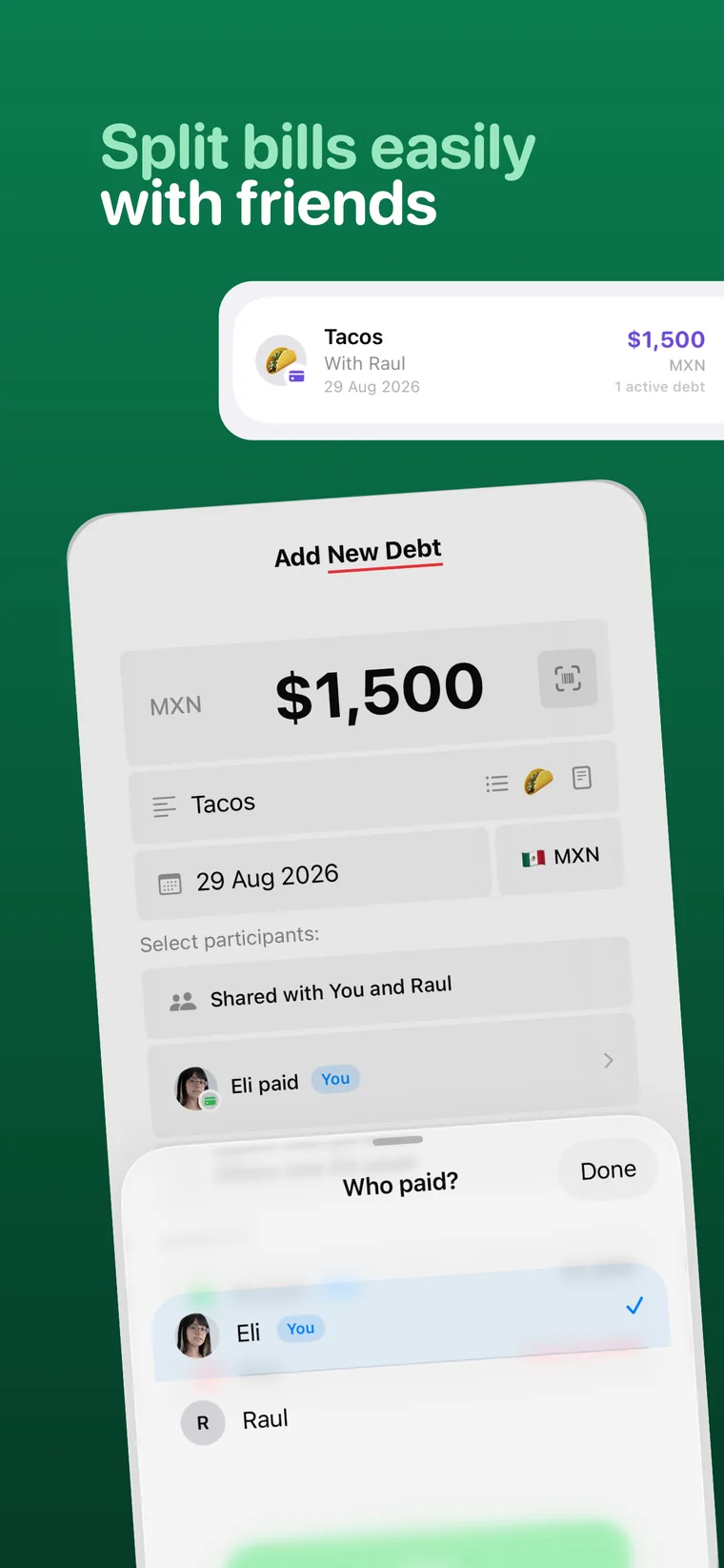 Adding a new debt in Monet and choosing who paid